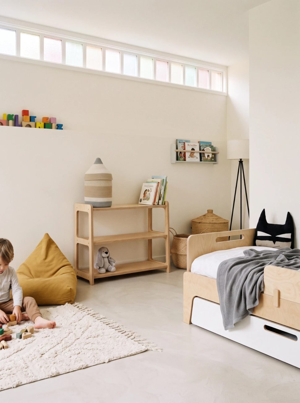יחידה ישרה נמוכה של מדפי אחסון Corner מעץ ליבנה RANCO בחדר משחקים, עם סל, ספרים ובובה, ליד מיטת ילדים ופוף