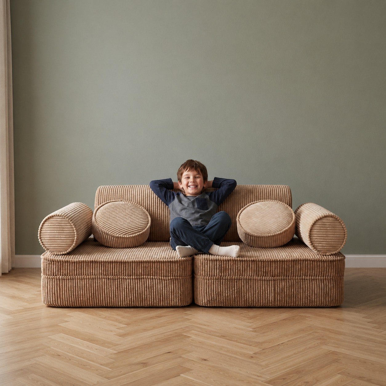 ספת משחק מודולרית SETTEE מבד קורדרוי בז קאמל עם ילד יושב על רקע קיר ירוק - RANCO