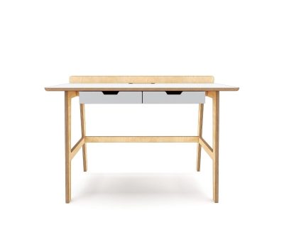 שולחן כתיבה לילדים דגם Junior Desk מעץ ליבנה עם משטח לבן, מדף אחורי ושתי מגירות - ראנקו