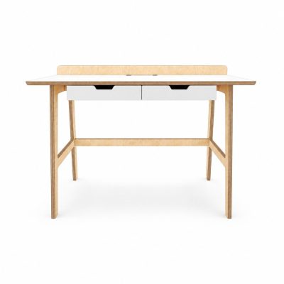 שולחן כתיבה לילדים דגם Junior Desk מעץ ליבנה עם משטח לבן, מדף אחורי ושתי מגירות - מבט חזית - ראנקו