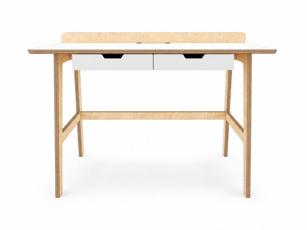 שולחן כתיבה לילדים דגם Junior Desk מעץ ליבנה עם משטח לבן, מדף אחורי ושתי מגירות - מבט חזית - ראנקו