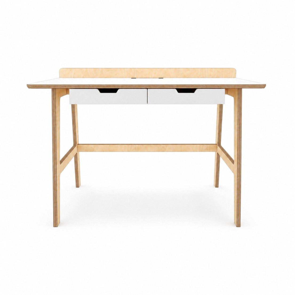 שולחן כתיבה לילדים דגם Junior Desk מעץ ליבנה עם משטח לבן, מדף אחורי ושתי מגירות - מבט חזית - ראנקו
