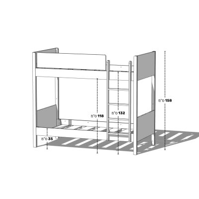 שרטוט מידות מיטת קומתיים Denvo — גובה כולל 158 ס״מ, מזרן 190/90 ס״מ — RANCO